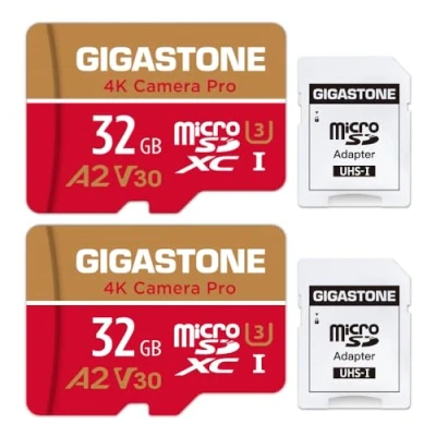 Image de Gigastone Carte Mémoire 32 Go Lot de 2 Cartes, 4K Caméra Pro, Compatible avec GoPro Drone Switch, Vitesse 95 Mo/s. pour UHD Vidéo, A2 U3 V30 MicroSDHC Adaptateur SD