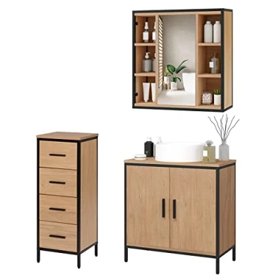 Image de EUGAD meuble de salle bain avec bain, miroir, armoire suspendue pour commode 4 tiroirs en métal + bois modèle 8