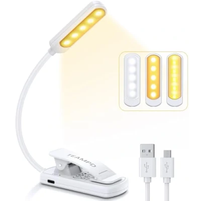 Image de TEAMPD Lampe de Lecture, 9 LEDs Liseuse Clip USB Rechargeable, 360Cou Flexible, 3 Température Couleur(Blanc/Chaud/Blanc Chaud), Mini Veilleuse pour Lire au Lit,Enfant,Kindle,Camping,blanc