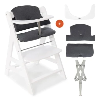 Image de hauck Chaise Haute Bébé Evolutive Alpha Plus en Bois Avec Coussin d&#039;Assise, Barre de Sécurité, Harnais 5 Points, Sangle d&#039;Entrejambe, dès 6 Mois Blanc Charbon