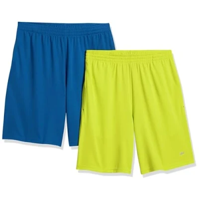 Image de Amazon Essentials Short Léger À Coupe Ample en Textile Technique Haute Performance (Grandes Tailles Disponibles) Homme, Lot de 2, Bleu/Vert Citron Fluo, L