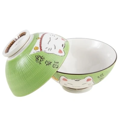 Image de lachineuse 2 Bols à Soupe ou Ramen Design Maneki Neko Duo Vert Multi Usage Porcelaine Décoration Japonaise Idée Cadeau Japon Asie