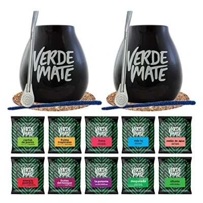 Image de Yerba Maté Set Double Complet 2X De Démarrage Pour Deux Verde Mate Green 10X50G Calebasse En Céramique 350Ml Bombilla Acier Inox Soucoupe