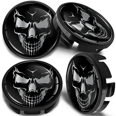 Image de SkinoEu Lot de 4 Enjoliveur Cache Moyeux Capuchon Centre Roue 65 mm, Compatible avec VW Enjoliveurs 3B7 601 171 / 6U7 Crâne Noir Argent CV 48