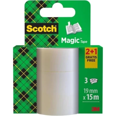 Image de Scotch Ruban Magic 2 Rouleaux 19 mm x 15 m + 1 GRATUIT Adhésif à Usage Général pour la Réparation, l&#039;Etiquetage et Fermeture de Documents