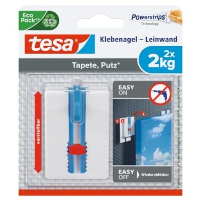 Image de clou adhésif tesa® toile papier peint, plâtre réglable en hauteur auto et cadre adhérence 2 kg/clou retrait sans traces