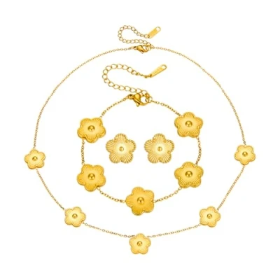 Image de Hanaoops Ensemble de Bijoux Trèfle à Quatre Feuilles pour Femme Fille Plaqué Or 18 Carats Collier Boucles D&#039;oreilles Bracelet Set Délicat Acier Inoxydable Parure (Or)