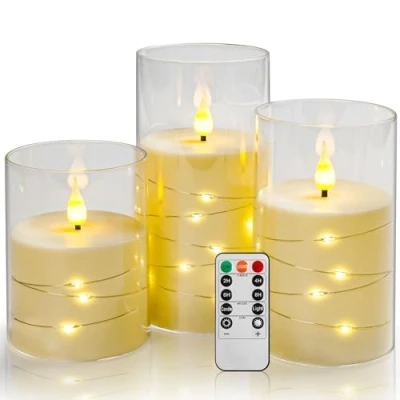 Image de Da by bougies LED, Ivoire， à piles, avec guirlande lumineuse intégrée, 3 sans flamme, fonction minuterie de 24 heures (piles non incluses)