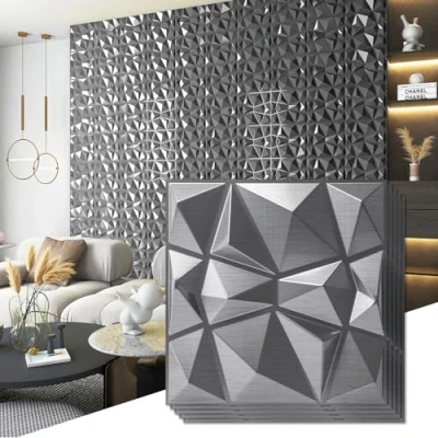 Image de Art3d Lot de 33 panneaux 3D à motif diamant pour décoration d&#039;intérieur, salon, fond mural TV, chambre coucher, configuration jeu, 30 x cm, Argenté
