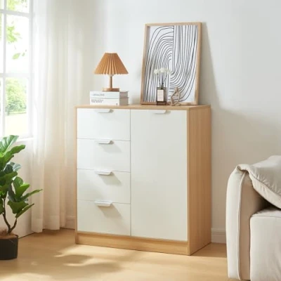 Image de [en.casa] Commode avec 4 Tiroirs et Porte Meuble de Rangement Style Intemporel pour Salon Chambre Entrée Classeur Bureau MDF 90 x 80 40 cm Effet Chêne Blanc