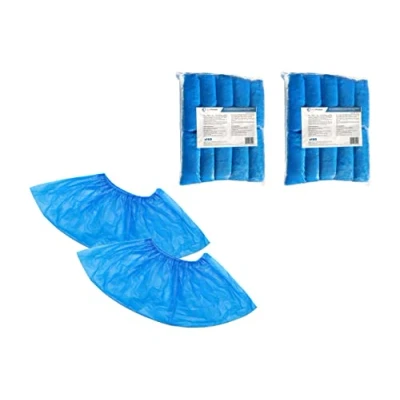 Image de Lot de 2x 100 Surchaussures jetables imperméables OneProtek Étanches, antidérapantes et résistantes à la déchirure Couvre chaussure en polyéthylène (CPE) Bleu Taille Unique