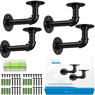 Image de eSynic Lot de 4 supports d&#039;étagère industriels pour étagères flottantes Étagère plomberie échafaudage (15 x 8 cm) avec un mini niveau à bulle