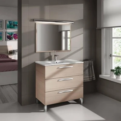 Image de Dmora Meuble sous lavabo à Trois Miroir et Cadre, Couleur, 80 x 86 45 cm, Chêne Clair, 3 tiroirs