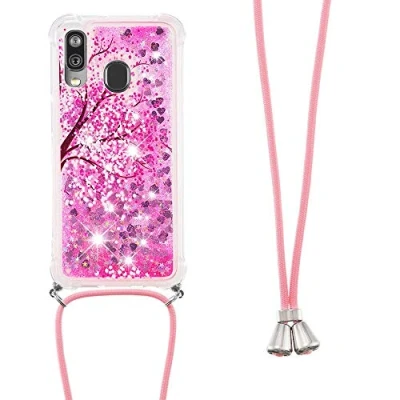 Image de Collier Coque pour Samsung Galaxy A20e,Glitter Paillette Brillante Quicksands Liquide Transparente Silicone TPU Case Housse avec Cordon Tour de Cou A20e,YB GS Cherry