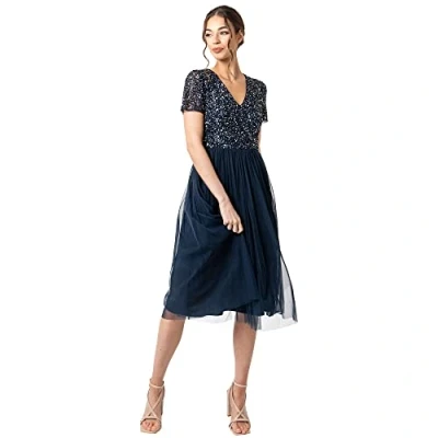 Image de Maya Deluxe Femme Soirée Midi Ornée pour avec Col en V et Manches Courtes Bal Fin D&#039; Robe de demoiselle d honneur, Bleu Marine, 38/ SIZE 10 EU