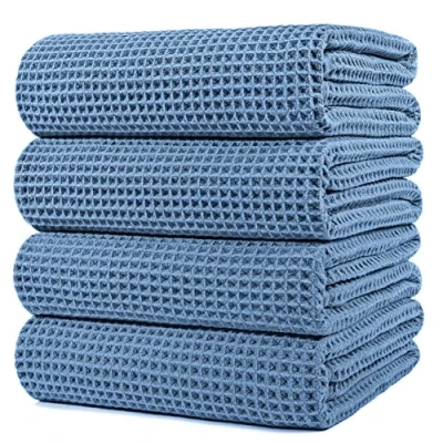Image de Polyte Lot de 4 Serviettes Bain en Microfibres sèche Rapidement/ne Peluche Pas Tissu alvéolé Bleu 152,4 x 76,2 cm