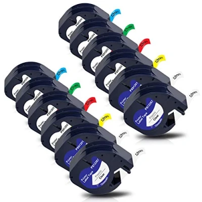 Image de 12X Pristar 12mm x 4m Compatible Ruban pour Dymo LetraTag Plastique 12267 91201 91202 91203 91204 91205 LT 100H 100T LT100 H 110T QX 50 XM XR 2000