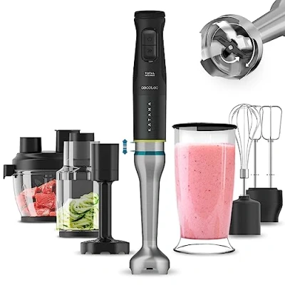 Image de Cecotec Katana TotalDestroy 1200XL Mixeur plongeant crème et broyage, 1200 W, 21 vitesses Turbo, 4 lames en titane noir, capot anti éclaboussures, pied extra long, gobelet de 800 ml