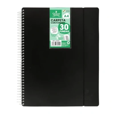 Image de Starplast Quijote Paper World Classeur à spirale flexible avec 30 pochettes, transparentes lisses, A4, couverture en plastique résistant, usage bureau, école, personnel Couleur : noir. AC0011