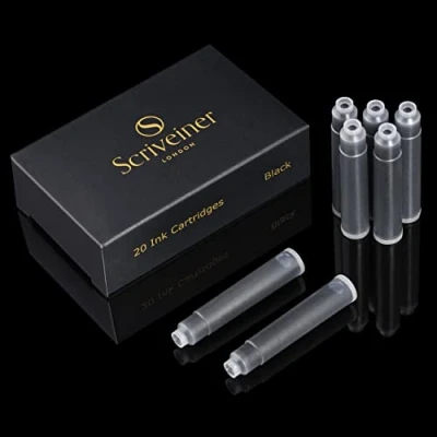 Image de Scriveiner Noir 20 Cartouches d&#039;Encre Standard International, Fabriquées au Royaume Uni, la Meilleure Cartouche pour Votre Stylo Scriveiner, Taille Convient Majorité des Stylos Plume