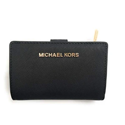 Image de Michael Kors Jet Set Travel Portefeuille en Cuir Saffiano à Deux Volets avec Fermeture éclair, Noir Saffiano, Medium,