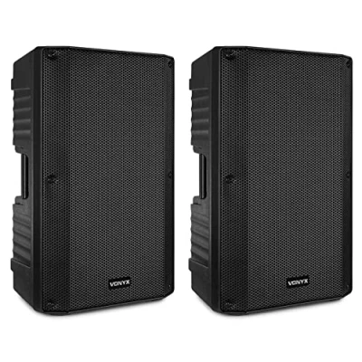 Image de VONYX VSA150S Paire d&#039;Enceintes 15&quot; 1000 Watts 1x Enceinte Active, Passive, Technologie Bluetooth, Entrées USB/AUX/MIC/Guitar/RCA/XLR, Boitier Solide Poignées et roulettes
