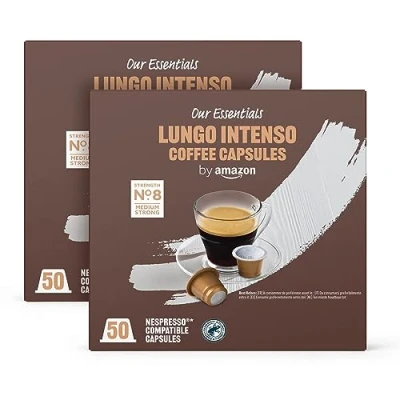 Image de by Amazon Capsules de café Lungo Intenso compatibles avec Nespresso, torréfaction moyennement poussée, 100 Pièces, 2 lot 50 Certifié Rainforest Alliance (L&#039;emballage peut varier)