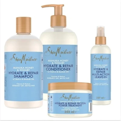 Image de SheaMoisture Set Miel de Manuka et Yaourt shampooing 1 x 384 ml, Après Traitement à base protéines 355 Multi Action sans rinçage 237 ml