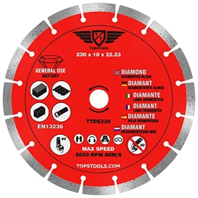 Image de 1 lame de scie circulaire TopsTools TTDS230 230 mm x 10 22,23 d&#039;alésage diamanté segmenté pour meuleuse d&#039;angle compatible avec Bosch, Dewalt, Makita, Milwaukee et beaucoup d&#039;autres.