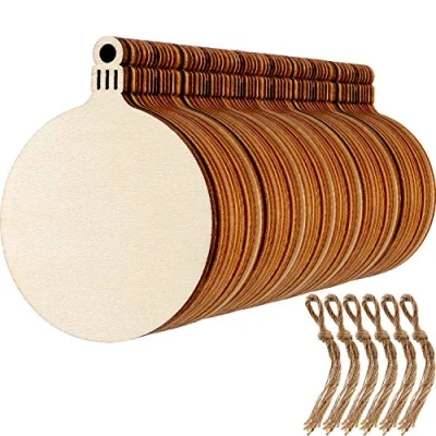Image de 60 Pièces Ornements de Noël en Bois Tranches Rondes Forme Flocon Neige Ange avec Cordons pour Pendants d’Arbre du Nouvel An (Style 1)