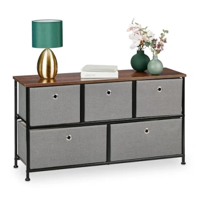 Image de Relaxdays Commode à 5 tiroirs, HLP : 54,5 x 100 30 cm, Meuble de Rangement, Style Industriel, Buffet, Gris/Marron