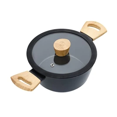 Image de MasterChef Casserole Tout Feux, Induction, Gaz, Céramique et Plus, Anti adhésive, Revêtement Dérapant, Poignées au Toucher Doux, Couvercle en Verre, 20cm, Aspect Bois