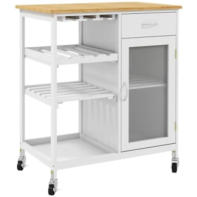 Image de HOMCOM Desserte de Cuisine Chariot deservice à roulettes Multi Rangement avec casier vin, tiroir, Porte, étagères Blanc