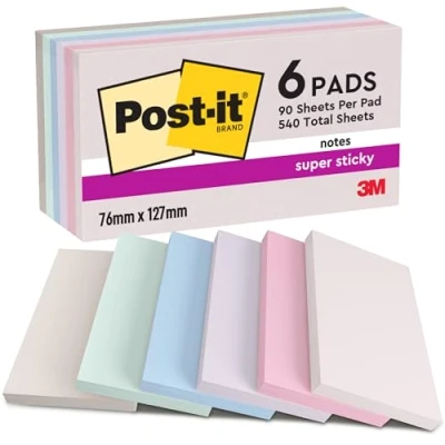 Image de Post it Super Sticky Notes, Couleurs Soulful, Pack de 6 Blocs, 90 Feuilles par Bloc, 76 mm x 127 mm, Rose, Violet, Vert, Gris, Bleu Notes Adhésives pour Prise et Listes Tâches
