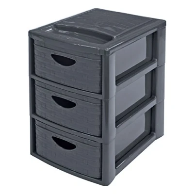 Image de M Home Tour de Rangement / 3 Tiroirs Plastique Imitiation Osier Anthracite 19 x 29 28 cm Format A5 MINI EMPIRE RATTAN S3 PLS6376 34
