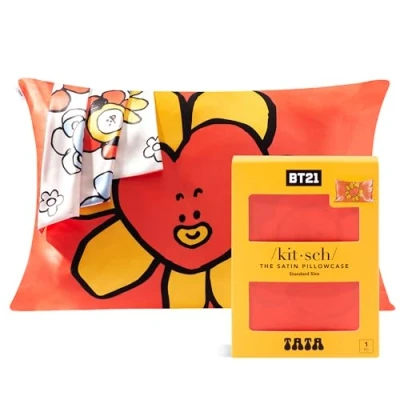 Image de Kitsch BT21 Taie d&#039;oreiller en Satin avec Fermeture éclair pour Les Cheveux et la Peau, Plus Douce Que taies Soie, lavables Machine, infroissables, rafraîchissantes