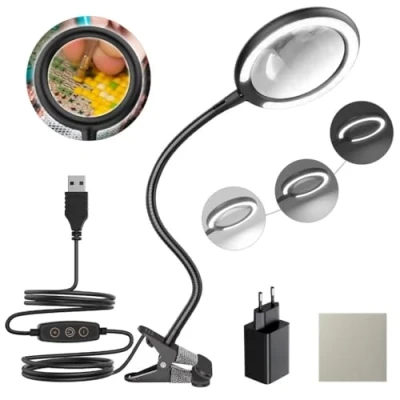 Image de Lampe loupe LED 3X lumière du jour, à pince avec 5 réglages de réglables pour la lecture, les personnes âgées, loisirs, l&#039;artisanat