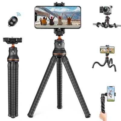 Image de K&amp;F Concept Trépied Smartphone Flexible, Mini Trepied Appareil Photo, Reflex Portable Voyage avec Télécommande Bluetooth &amp; Support de Téléphone pour Phones, Camera Gopro Charge Max.3KG