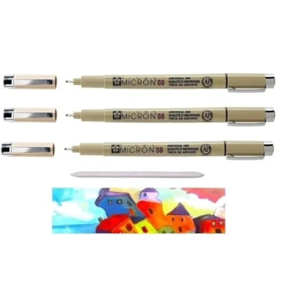 Image de SAKURA Pigma Micron Noir 08 . SET 3 pcs ET ESTOMP