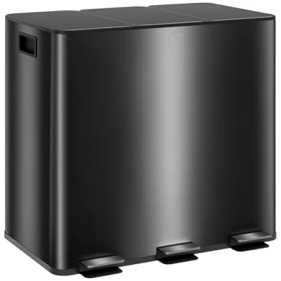 Image de HOMCOM poubelle de cuisine 45L à pédale en acier inoxydable avec 3 compartiments, couvercle fermeture douce, seaux intérieurs amovibles, pour le recyclage et les déchets, x 15L, noir