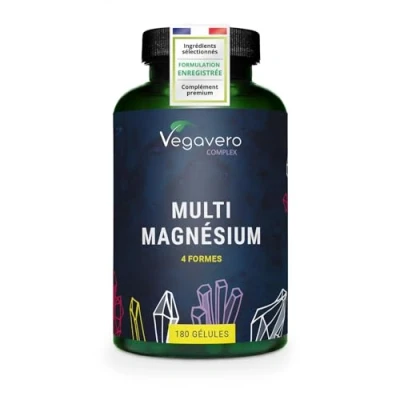Image de Complexe de Magnesium 375 mg 180 Gélules 4 FORMES Bisglycinate, Malate, Citrate et Taurate Avec Vitamine B2 &amp; B6 Absorption Supérieure Sans Additifs Vegan Vegavero®