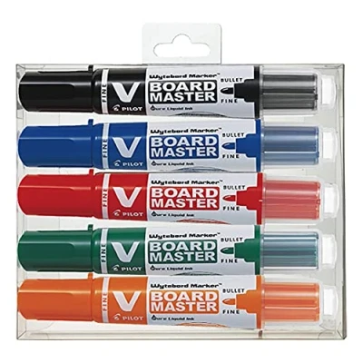 Image de Pilot Lot de 5 V Board Master Marqueurs tableau blanc effaçables Rechargeables À encre liquide aux couleurs intenses Begreen Noir, bleu, rouge, vert, orange Pointe conique fine 4,5 mm