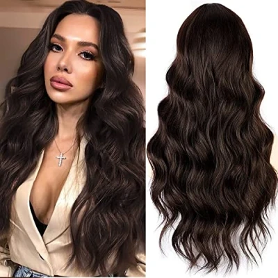Image de PORSMEER Perruque marron foncé longue ondulée pour femme, cheveux bouclés naturels à séparation centrale brésilienne synthétique résistante la chaleur cosplay fête Halloween tenue quotidienne