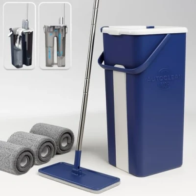 Image de STARLYF AutoClean Mop + 3 Chiffons Système de Nettoyage avec Balai et Seau autossècheur, balais en Microfibre Un à Deux Compartiments (Sec humidité) (3 Microfibre)