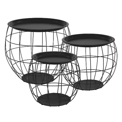 Image de ML Design Lot 3X Tables d&#039;Appoint, Ronde, Noir, Corbeilles Métalliques, Table Basse 3 Tailles Ø31 cm/Ø38 cm/Ø47 cm, Plateau Amovible, Espace de Rangement, Moderne, Gigognes/Empilables Salon
