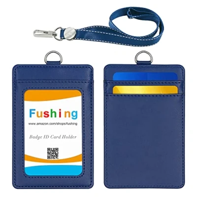 Image de Fushing Porte cartes D&#039;identité,Cuir Badge Avec Amovible Lanière,1 Fenêtre D&#039;identification Transparente et 2 Compartiment Pour Carte (Bleu)