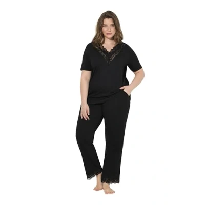 Image de Ulla Popken Pyjama, Spitze, V Ausschnitt, Halbarm, Taschen Ensemble de Pijama, Noir, 54 56 Femmes
