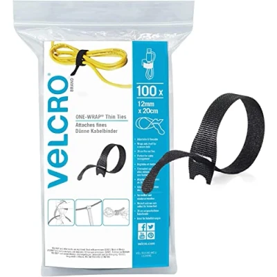 Image de VELCRO Brand One Wrap Reusable Thin Ties Multi Purpose Perfect Desk Accessories for Cable Management &amp; Home Improvement Black 12mm x 20cm Pack of 100