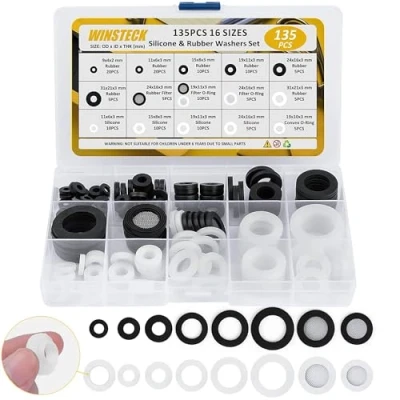 Image de 135 Pièces Rondelles et Silicone en Caoutchouc, 16 Tailles Joints d&#039;étanchéité de Robinet, Assortiment pour Tuyau Douche, Vanne, Pompe, Plomberie
