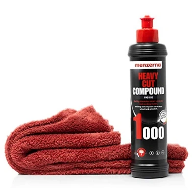 Image de detailmate Menzerna Heavy Cut Compound 1000 Kit de polissage pour voiture 250 ml Élimine les rayures + chiffon en microfibre 40 x cm, parfait polir la peinture
